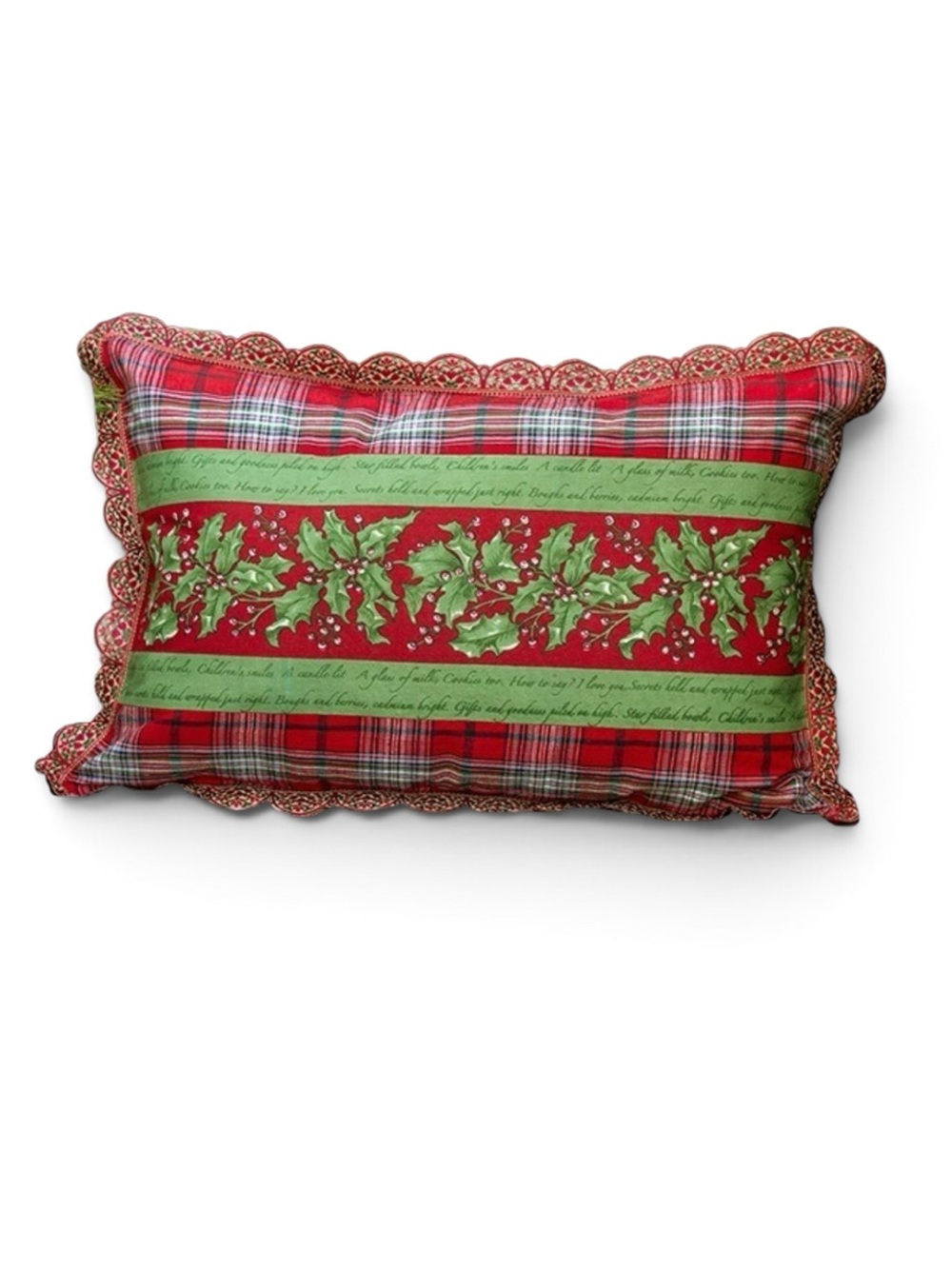 April Cornell Holly Song Patchwork 14x20 Christmas Pillow NWT Green Red